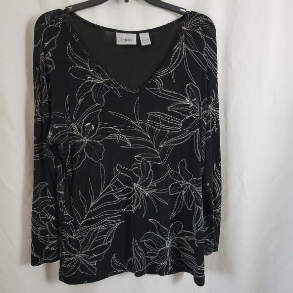 Chico's Travelers Sz (2) 12 Medium black white pullover blouse floral stretchy - Picture 1 of 5